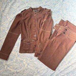 Vintage Bebe Brown Utility Denim Jacket & Pants Set Y2K Military Chic Size M/6